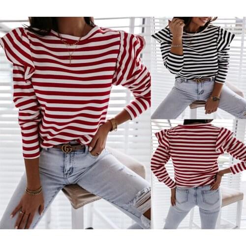 Womens Striped Shirt Long-Sleeved Top Fall Elastic Party Round Neck Ruffle Shoulder Warm Clothes