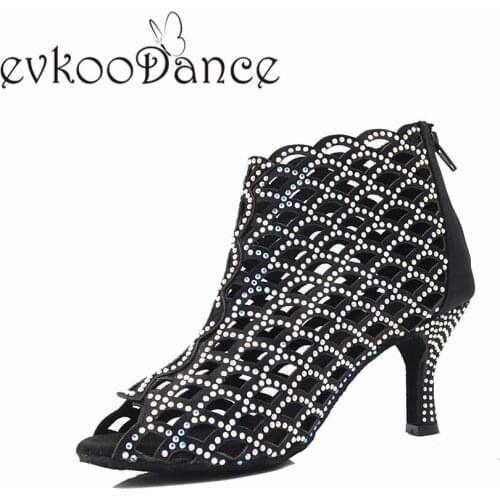 Evkoodance black dance shoes latin with rhinestone women size US 4-12 heel height 7cm Professional Evkoo-638