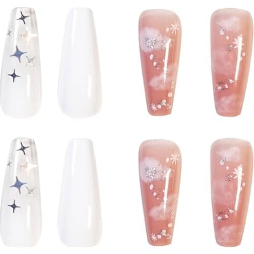 2 Colors Fake Nail Stickers Long Ballet Full Coverage Extension Glitter Pink Cloud Nail Art Manicure Tools Patch Press On Nails