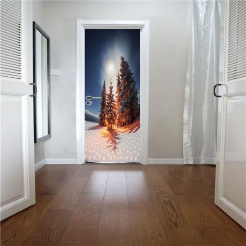 2 sheets/pcs Christmas Tree DIY Mural Poster Snowy Scenery in Night Door Sticker Pretty WallPaper Cafe Door way Store Decor