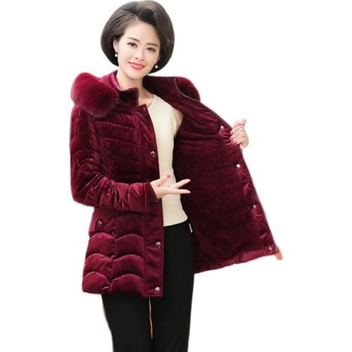 2021Middle-aged Mother Parkas Winter Plus Velvet Thick Warm Jackets Women Corduroy Cotton Coat Femme Down Cotton Jacket 5XL D