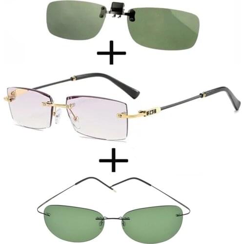 3Pcs!!! Rimless Frameless Luxury Reading Glasses for Men Women + Polarized Sunglasses Alloy Sports Driving + Sunglasses Clip