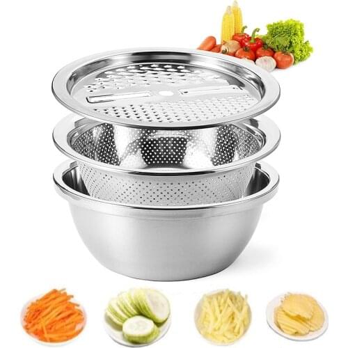 3 in 1 Vegetable Slicer Cutter With Drain Basket Tray Stainless Steel Kitchen Storage Basket Food Grater Tools Salad Maker Bowl