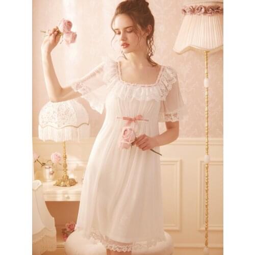 Free Shipping 2021 New Summer Womens Nightgown Rose Tree Nightshirt Short Pijamas Beauty White Lace Nightdress