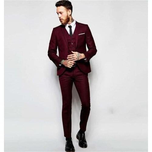 Burgundy Slim Fit Three Pieces Wedding Tuxedos (Jacket+Pants+Vest) Size US XXL Mens Suits Cheap Blazer