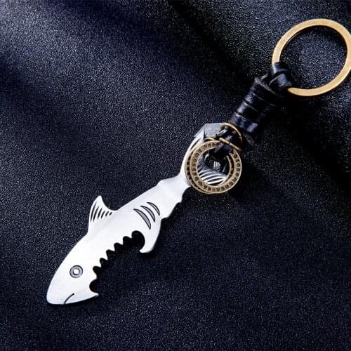 Hot shark bottle opener keychain Alloy multifunction fish corkscrew key chains jewelry New arrived cowhide keyring Accessories