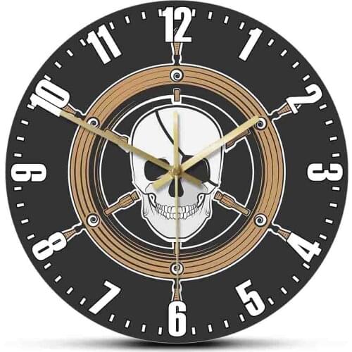 Nautical Pirate Steering Wheel Marine Skull Head Clock Wall Watch Horror Art Decor Pirate Ship Captains Wheel Skull Wall Clock