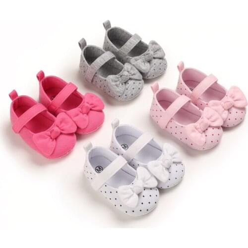 Spring Autumn 2021 Big Bow Polka Dot Solid Color 0-18 Month Baby Breathable And Comftable Soft Soled Walking Shoes