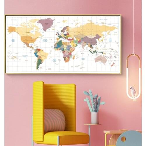 World Map Canvas Painting Print Big Size Pink Blue Beige Map of the World Poster Rorm Decor Modern Wall Art Picture Decoration