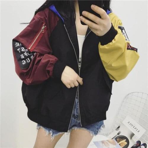 Spring Autumn Women Contrast Short Jacket Long Sleeve Zipper Letter Jacket Korean Loose Patch Female Student coat Tops