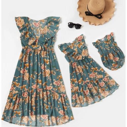 PatPat 2021 New Summer Mommy and Me Floral Print Flounce V-neck Sleeveless Dresses