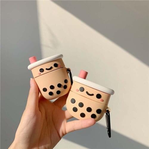 Cute Bubble Milk Tea Silicone Earphone Case Wireless Bluetooth Headset Cover Accessories Pearl Keychain