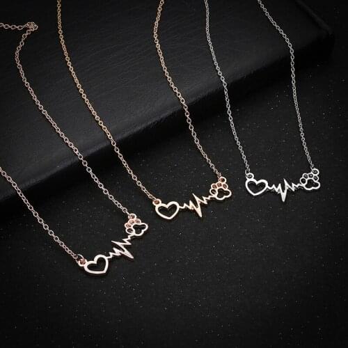 RONGQING 12pcs/lot ecg dog paw print love necklace personality pet footprints heartbeat short clavicle chain
