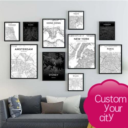 Custom Modern Black and White World City Map London Paris New York Posters Rome City Map Prints Wall Art Canvas Painting