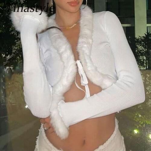 Tinastyle Fur Patchwork Sexy Bandage Jackets Women Coat New Autumn Winter Chic Cardigan Outerwear Shor Party Clun Crop Top Coat