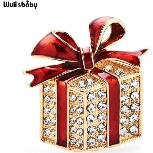 Wuli&baby Rhinestone Enamel Gift Box Brooches For Women Men Red Green Bowknot Box Casual Party Brooch Pin Gifts