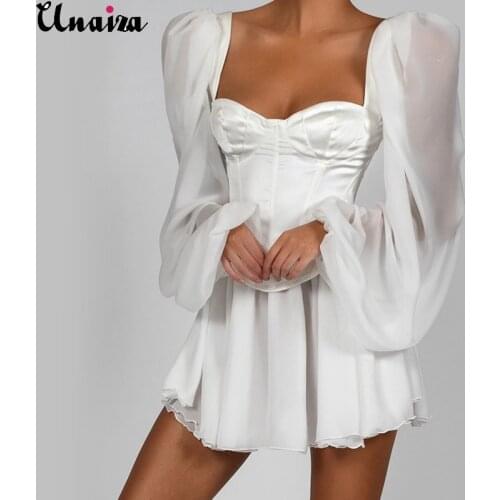 Unaiza Womens Clothes Lantern Sleeve OL Temperament Slim Sexy Chiffon Dress 2020 New Fashion Exquisite Elegant Female Clothes