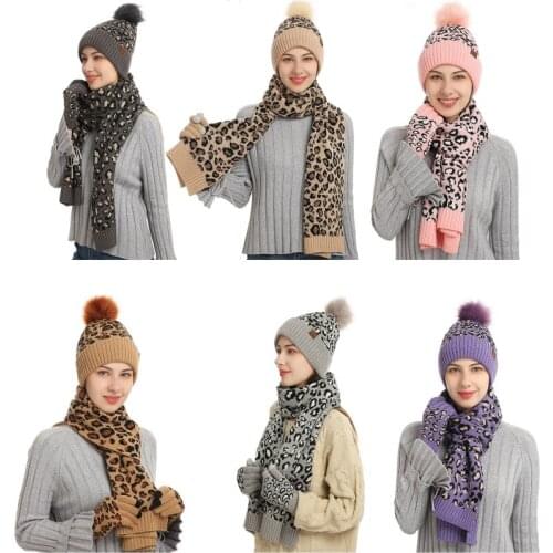Women Winter 3Pcs Beanie Hat Long Scarf Touch Screen Gloves Set Leopard Thick Plush Lined Knit Cuffed Pompom Skull Cap