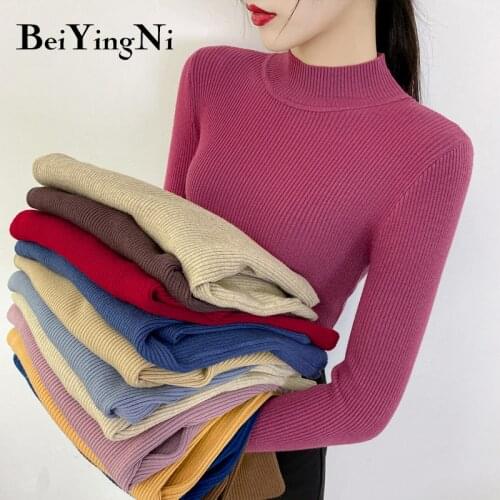 Beiyingni 2021 Spring Autumn Knitted Sweater for Women Solid 23 Colors Elastic Slim Pullovers Female Tops Half Turtleneck Jumper