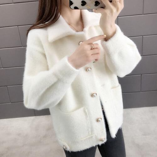 Women 2020 Autumn Winter Square Collar Knitted Cardigan Imitation Cashmere Sweater Coat Female Faux Mane Fur Tops Outerwear A185