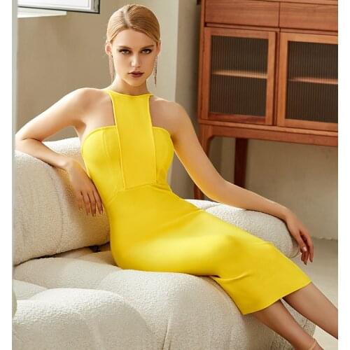 Seamyla Summer Women Strapless Yellow Bodycon Bandage Dress Sexy Sleeveless Halter Celebrity Evening Runway Party Dress Vestidos