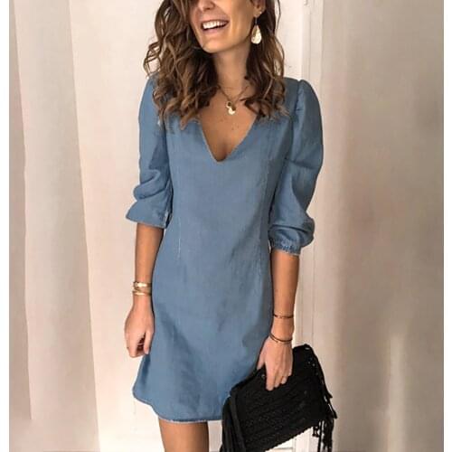 Womens Denim Dress 2021 Summer Fashion Sexy V Neck Solid Color Half Sleeve Jean Dress Casual Loose Female Mini Dresses
