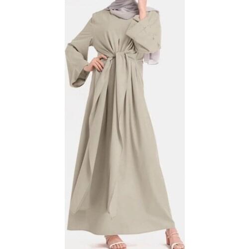 Kaftan Muslim Dress Women 2021 Abaya Dubai Solid Long Sleeve Ruffles Maxi Long Sundress Robe Femme Islamic Lace Up Hijab Dress
