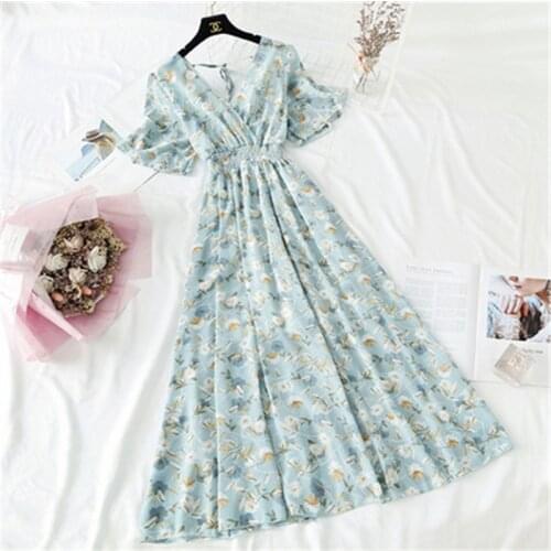 2020Summer Vintage Floral Chiffon Long Dress Sexy V-neck Ruffle Boho Dresses Elegant Women Party Short sleeve Dress Vestidos 94