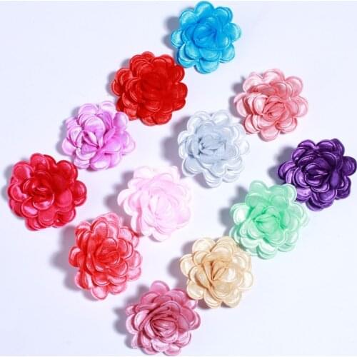 50PCS 3.8CM 1.5" Mini Shiny Solid Fabric Flowers For Headbands Chic Edge Hard Material Satin Hair Flower For Hairpins U Pick