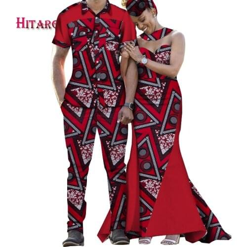 2020 African Clothes Dashiki Couple Headscraf Mermaid Long Dress Lover Turndown Collar T-shirt Pants 4 Pieces Bazin Riche WYQ507