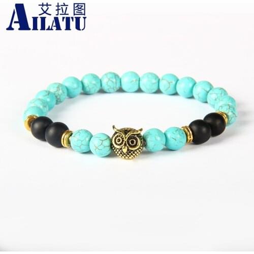 Ailatu Love Nature Mens Summer Fashion Animal Charm Bracelet Made by 8mm Black Beads with Metal Owl Head