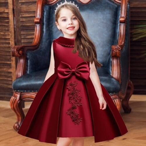 Summer Elegant Bow Girls Dress Party Wedding Birthday Beading Satin Gown Tutu Princess Dresses Prom Children Kids Clothes 4 8Y