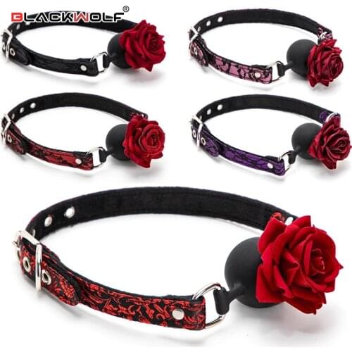 BLACKWOLF Soft Silicone Ball Gag Bondage Lace Rose Flower Open Mouth Gags Oral Fixation Adult Sex Toys For Couples BDSM Game