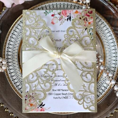 Champagne Gold Red Blue Purple Laser Cut Wedding Party Invitation with Champagne Ribbon Glitter Quinceanera Invites 50pcs