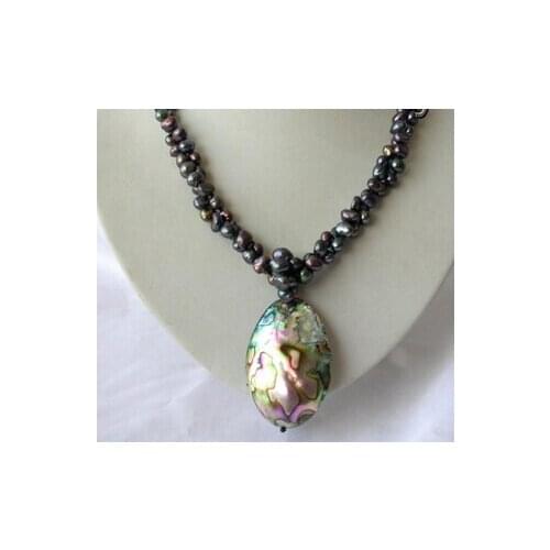 Jewelr 004770 2strands baroque black pearl necklace abalone shell pendant