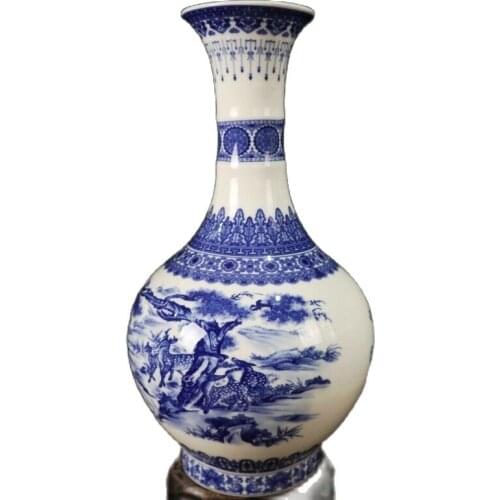 China Old Porcelain Blue And White Pine Deer Pattern Long Neck Pattern Vase