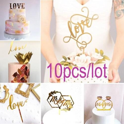 New 10pcs/lot Gold Hand Writing Love Wedding Acrylic Cake Topper Valentines Day Cake Topper for Wedding Party Cake Decoration