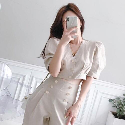 New Occupation 2-piece Suits Women 2021 Summer Elegant V-neck Short Crop Top & Simple Button Long Pants OL Work Set RV245
