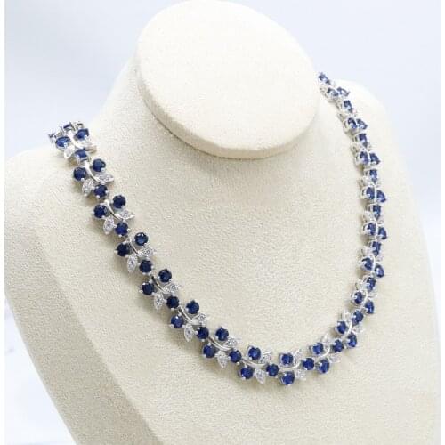 Flower Shape Silver Color Necklace for Women Royal Blue Semi-precious Wedding Bridal Party Jewelry