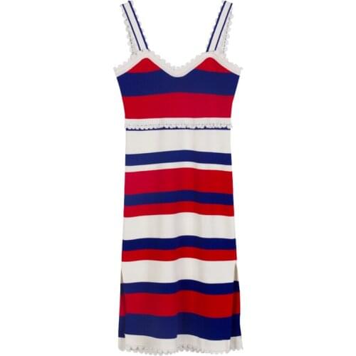 PERHAPS U Sleeveless Corrugated Edge Knitted Blue Green Patchwork Color Straight Sexy Split Knee Length Dress V Neck D1073