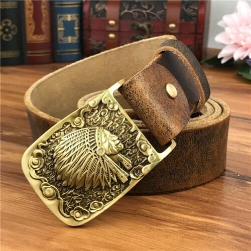 Brass Indian Chief Belt Buckle Genuine Leather Belt Men Ceinture Homme Yellow Belt Men Male Strap Wide Jeans Belt MBT0424