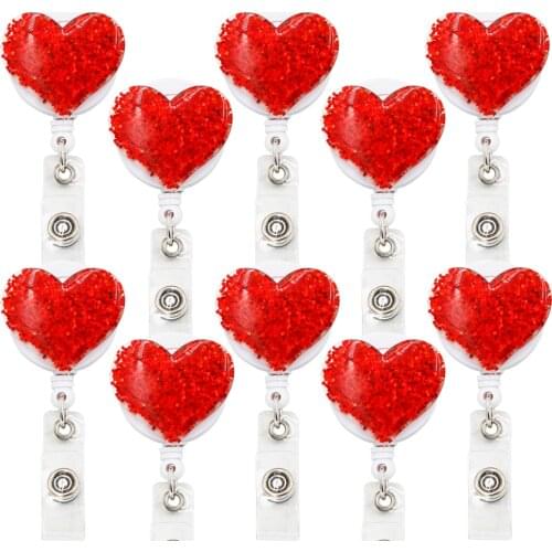 10 Pcs Bling Love Heart Retractable Badge Holder Clips for Nurse ID Badge Reel with Alligator Clip for Nurse Student Office