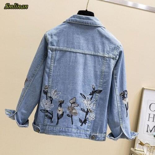 Smlinan 2020 Spring Fashion Embroidery Floral Vintage Denim Jacket Women Single Breasted Casual Punk Streetwear Coat Female