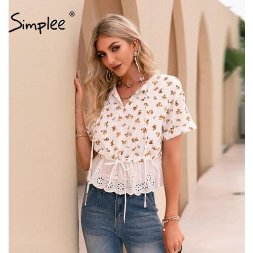Simplee Idyllic style floral print women T shirt summer Lace stitching V-neck crop tops lady Casual elastic waist bow T-shirts