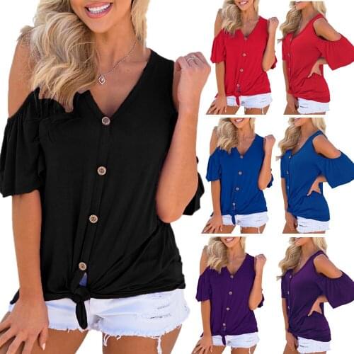 Womens Hot open shoulder v-neck button knotted lotus leaf short sleeve T-shirt 1pcs/lot