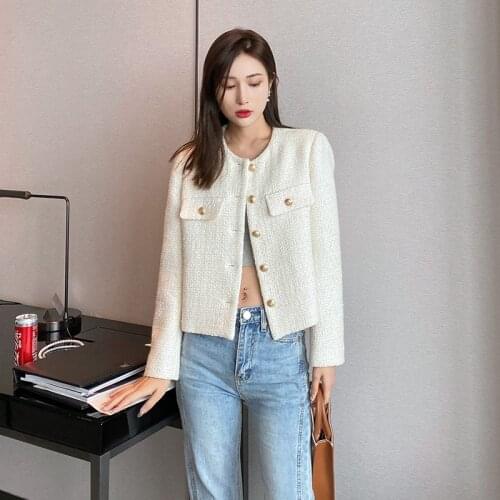 Ice Cream Cropped Jacket Tweed Coat Women 2021 Autumn Elegant Ladies Coats and Jackets O Neck Single Breasted Cropped Outwear