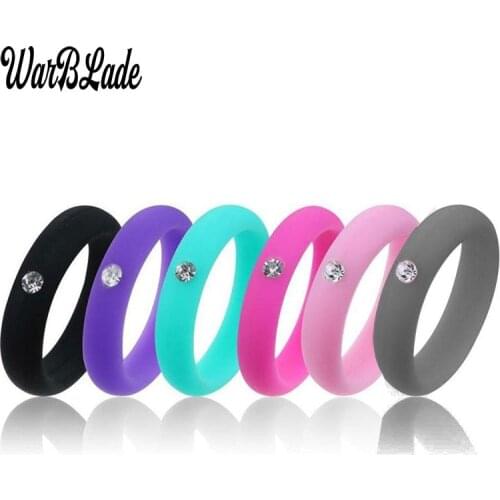 5mm Food Grade FDA Silicone Ring Hypoallergenic Crossfit Flexible Rubber Finger Rings With Rhinestone For Women Wedding Rings