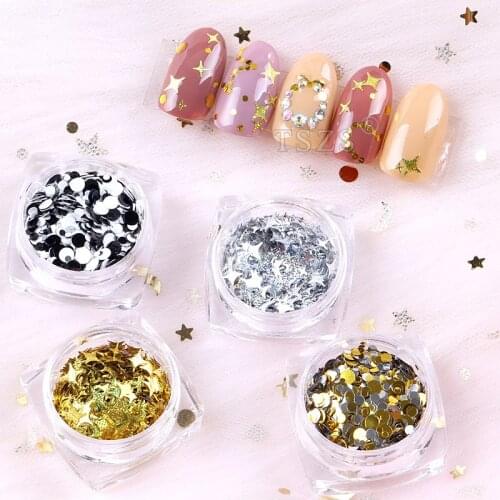 2box/lot japanese Mixed Size Black White Round Dots Gold Silver Starlight Nail Glitter Sequins Paillette Nail Art Decorations