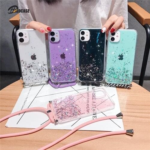Sparkle Glitter Stars Sequins Phone Case For iPhone 11 Pro XS Max 12 XR X 6 8 7 Plus SE 5 Necklace Lanyard Soft Clear Back Cover