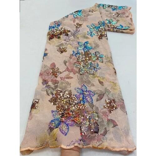 French Colour Sequins Lace Fabric High Quality Embroidery African Net Lace Nigerian Tulle Fabric 5 Yards/Piece For Party Dress